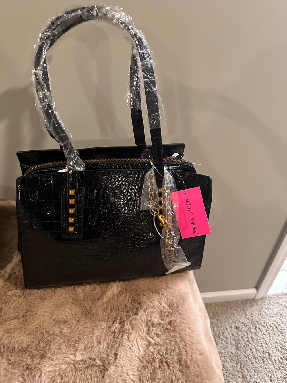 Betsey Johnson Black Croc-Embossed Tote with Gold Studs and skeleton